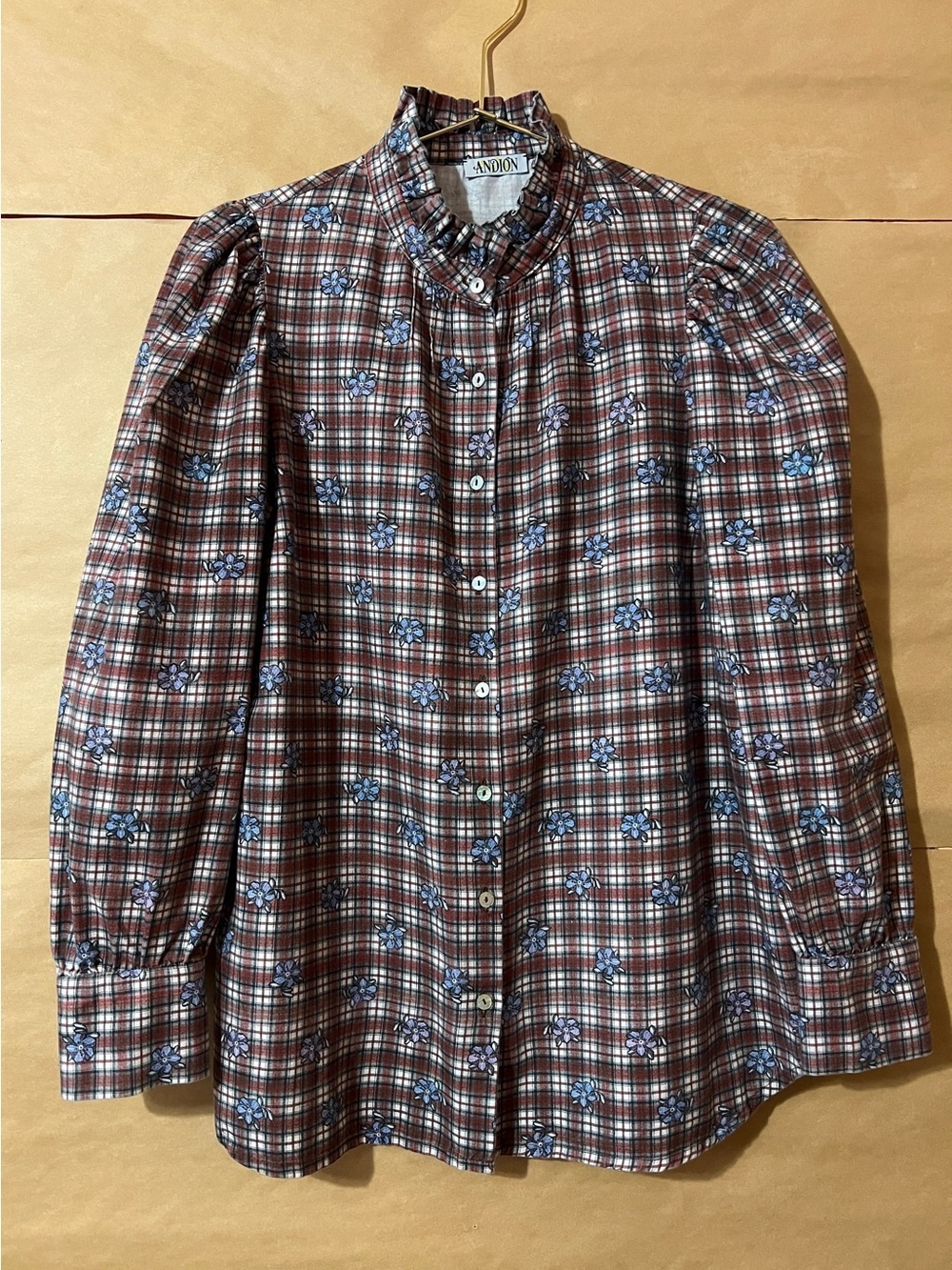 Andion | Mary Blouse in Ren Plaid Ruffle Neck Button Front Shirt Cotton Size S